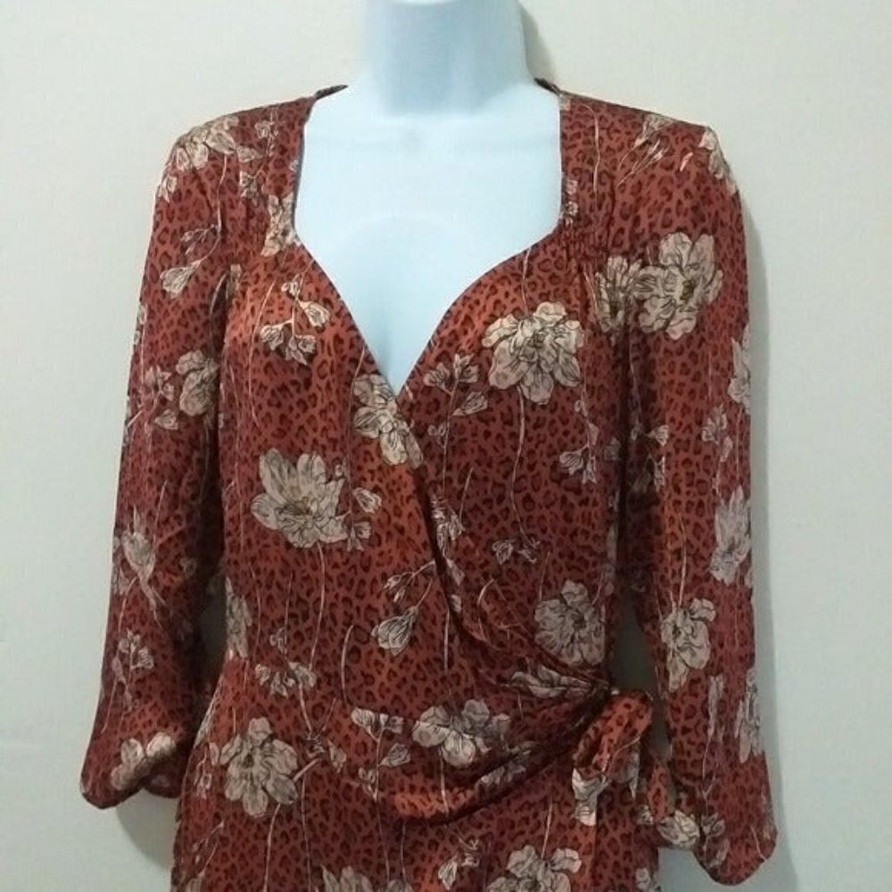 Leith Brown animal print floral boho wrap midi party women dress S Cottage Core - Picture 7 of 12